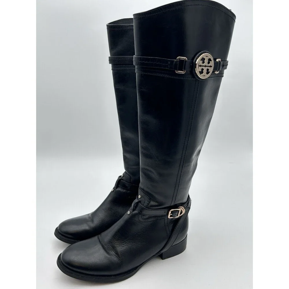 Tory Burch Black Leather Riding Boots Equestrian Side Zip Women’s 7